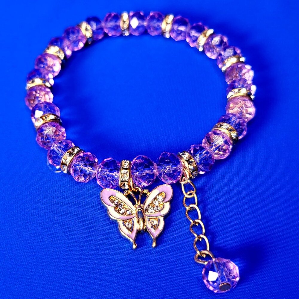 NWOT Gorgeous Crystal Beaded Bracelet with Butterfly - Purple/Gold